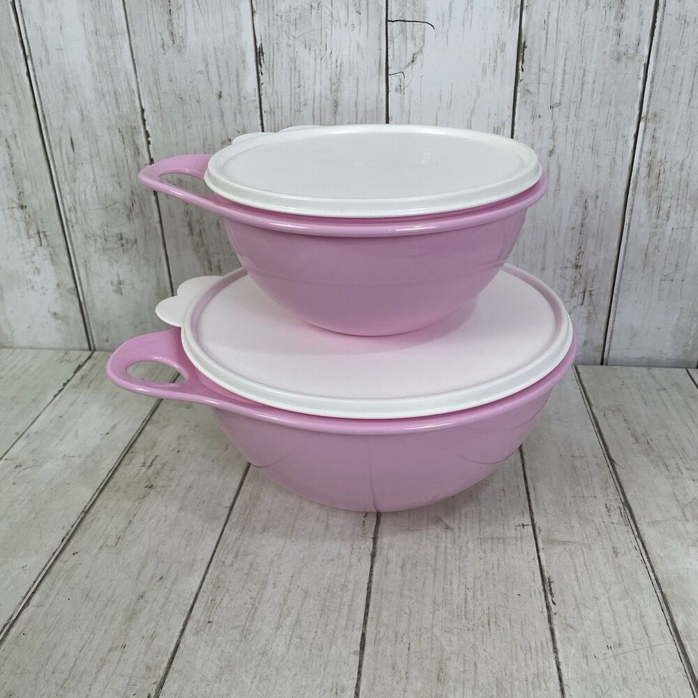 Tupperware That's a Bowl Set of 2 2677-B-3 (12 Cup) 3056B-6 (6 Cup) Pink/White
